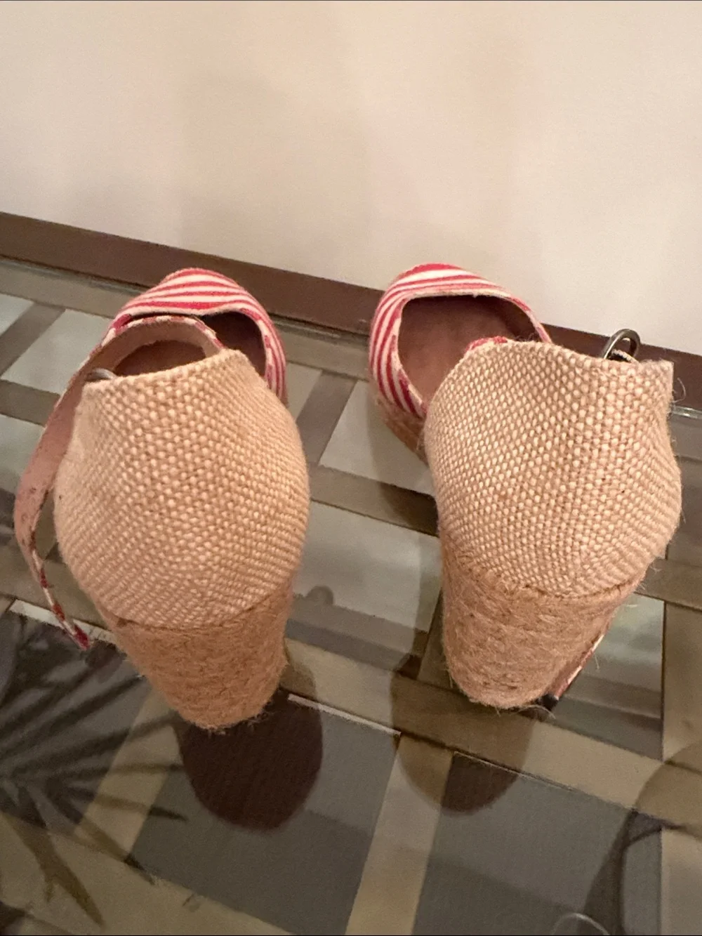 White Mountain Red and Cream Striped Espadrille Wedges